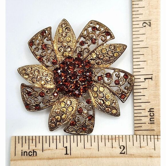 Vintage Filigree Brooch 2" Amber & Champagne Rhinestone Floral Open Scrollwork - Picture 6 of 9
